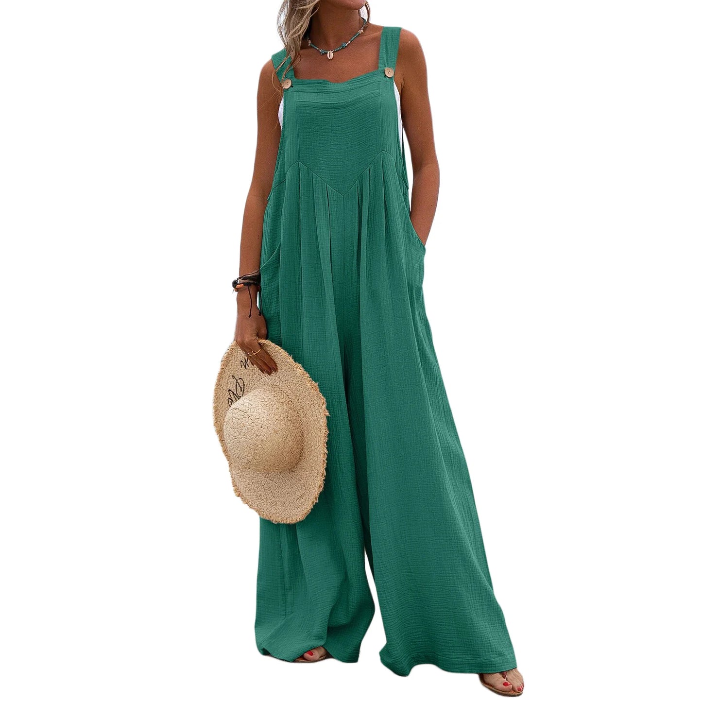 Overalls Women Summer Jumpsuit Outfits Plus Size Solid Color Casual Button Wide Leg Suspender Pants Overalls with Pockets Turquoise