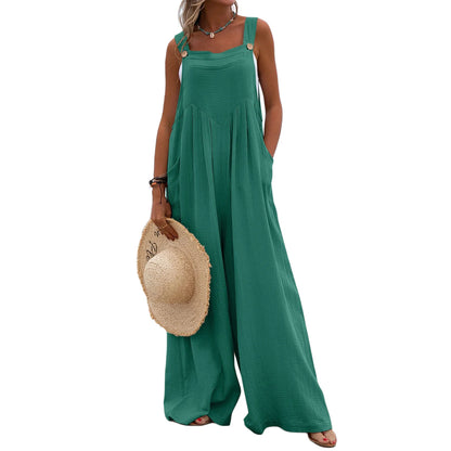 Overalls Women Summer Jumpsuit Outfits Plus Size Solid Color Casual Button Wide Leg Suspender Pants Overalls with Pockets Turquoise