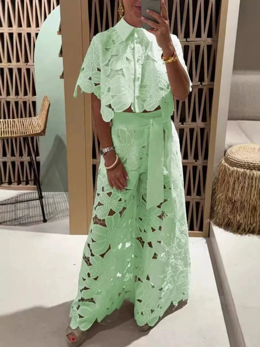 Women Set Short Sleeved Blouse Tops + Tie-up Pants Two Peics set Lace Outfit Embroidery 2025 New Retro Hollow Temperament Suit Green