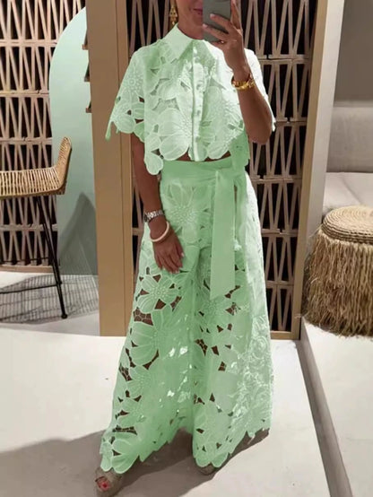 Women Set Short Sleeved Blouse Tops + Tie-up Pants Two Peics set Lace Outfit Embroidery 2025 New Retro Hollow Temperament Suit Green
