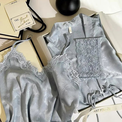 New Chinese Style 2PCS Robe Nightgown Set Sleepwear Sexy Lace Suspender Nightdress Loungewear Jacquard Satin Bathrobe Homewear Badiee Stylez