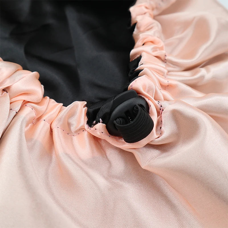 Adjustable Double Layer Satin Bonnet Nightcap Doubleside Women Round Shower Caps Night Sleep Polyester Hat Solid Black Lining Badiee Stylez