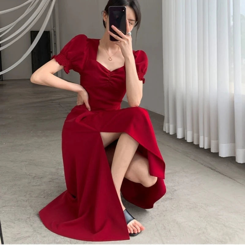 Solid Puff Short-Sleeved Elegant Slit Dress New Fashion Women V-neck Full Dresses Ladies High Waist Slim Evening Party Vestidos