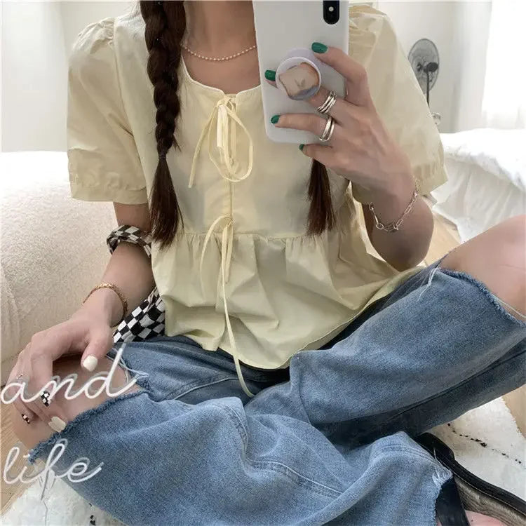 Ruffles Shirts and Blouses Korea Short Sleeve Top Women 2024 Summer Lace-up Sweet Blouses Cute Elegant Solid Sweet Folds Clothes