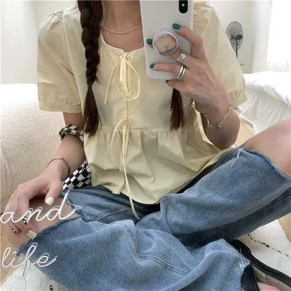 Ruffles Shirts and Blouses Korea Short Sleeve Top Women 2024 Summer Lace-up Sweet Blouses Cute Elegant Solid Sweet Folds Clothes