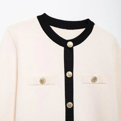 TRZA-Women's Knitted Cardigan Sweater with Golden Buttons, O-Neck, Long Sleeve, Female Outerwear, Chic Tops, Fashion