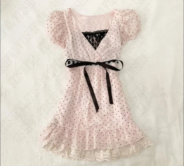 Polka dot Vintage Pink Hot Cute Dress Aesthetic Slim Y2K Short Sleeve Sundress Women Sweet Clothing Fashion Harajuku Lace Frock