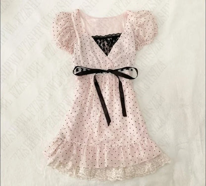 Polka dot Vintage Pink Hot Cute Dress Aesthetic Slim Y2K Short Sleeve Sundress Women Sweet Clothing Fashion Harajuku Lace Frock