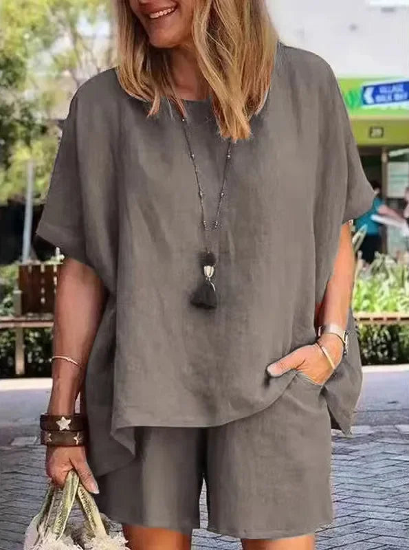 2024 Summer Fashion Cotton and Hemp New Elegant Women's Casual Two Piece Set Short Sleeved Top Waist Wide Leg Pants Set