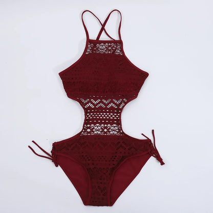 New 2024 women swimsuit one pieces swimwear female sexy hollow monokini lace halter bathing suit pad beachwear solid bodysuit