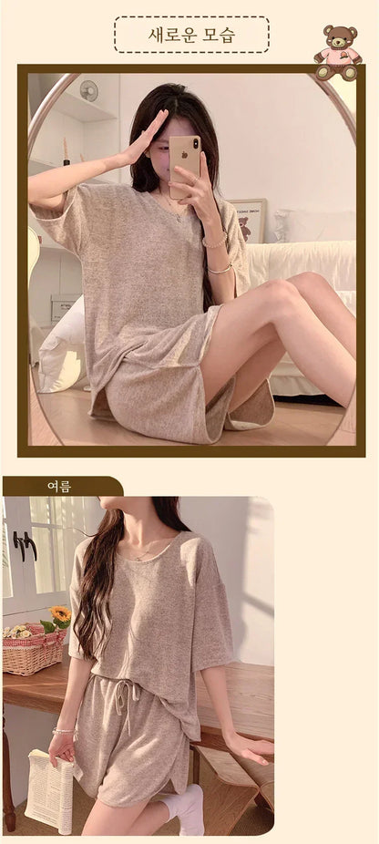 Hot with Chest Pad Pajamas Women 2025 New Summer Pure Cotton Short sleeve Shorts Set Spring and Autumn Loose Homewear