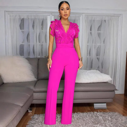 Women Lace See Though Patchwork Short Sleeve V-neck Jumpsuits Summer Vacation One Piece Set Streetwear Fitness Jumpsuit Badiee Stylez