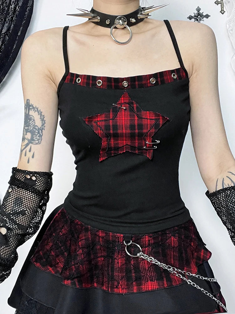 AltGoth Y2k E-girl Vintage Camis Women Mall Gothic Cyber Punk Emo Alt Grunge Hotsweet Plaid Pentagram Patchwork Crop Tank Tops Black