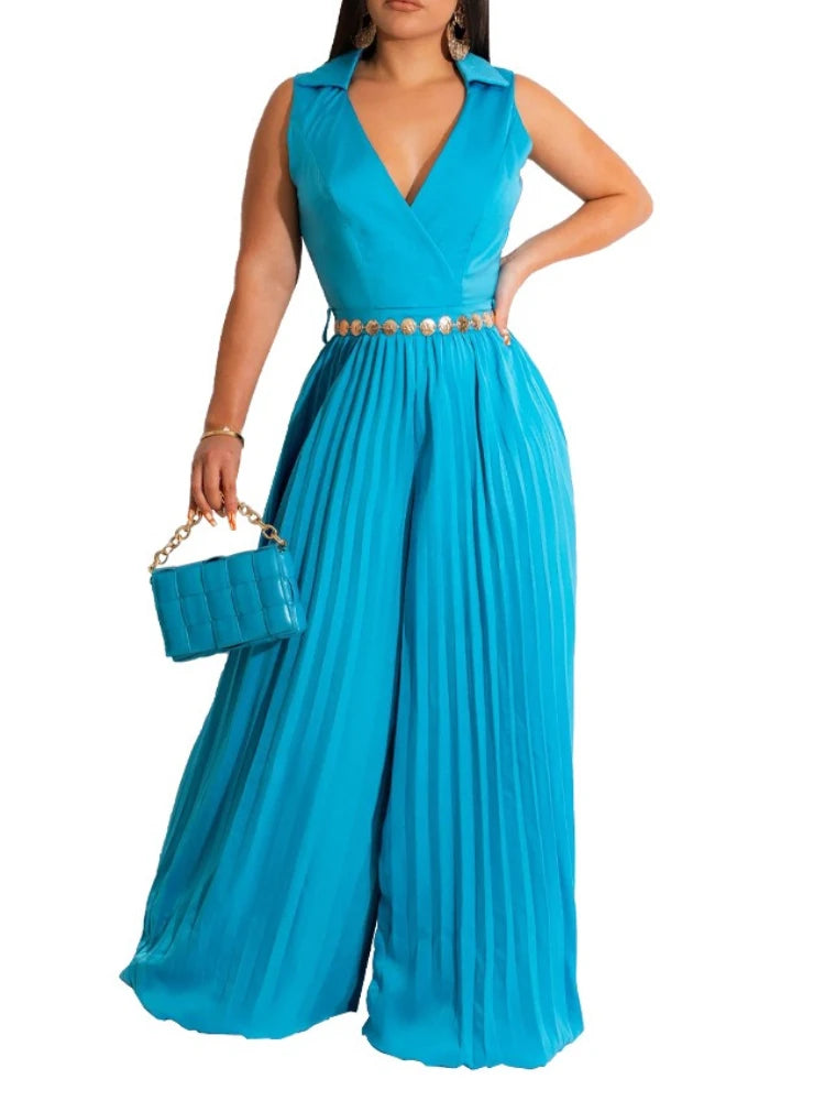 Elegant Solid Wide Leg Rompers Fashion High Waisted Lace Up Party Lady Play Suits Women Chic Sleeveless V Neck Jumpsuits Blue