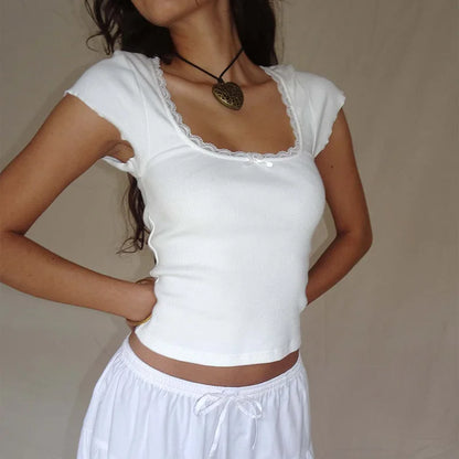 y2k Vintage Baby Tee Cottage Lace Trim Knitted T-Shirt Summer Square Neck Short Sleeve Tee Shirt Women White Milkmaid Crop Top WHITE