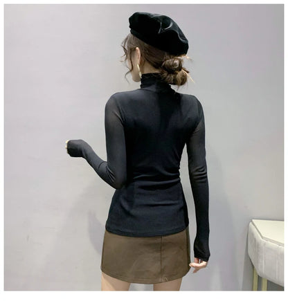Sexy Mesh Basic T-shirts Women 2025 Fashion Turtleneck Casual Long Sleeve Y2k Tops Korean Clothes Woman Black Winter T Shirt 4XL