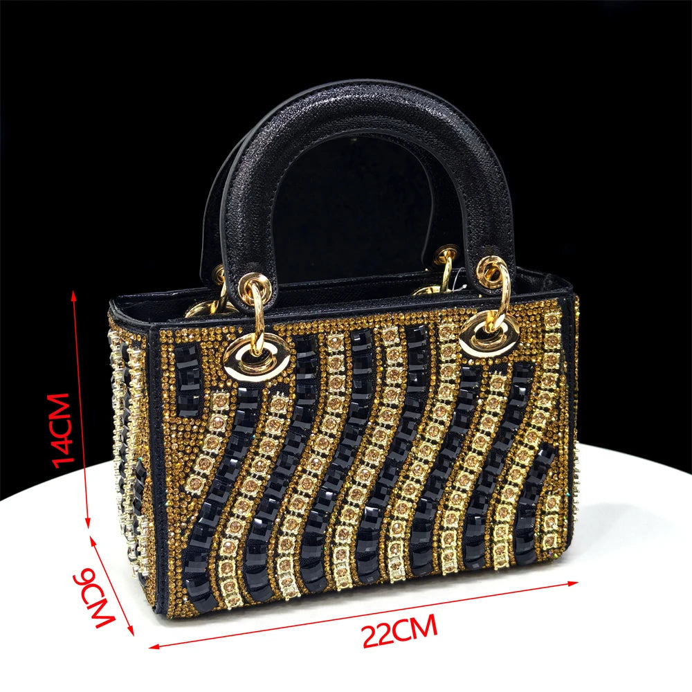 2025 Luxurious Italian Women's Party Shoes & Bag Set – Elegant Golden Rhinestone Spring/Summer Sandals with Pointed High Heels f