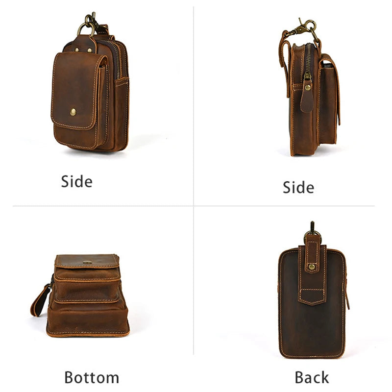 Hardware Clasp Waist Bags Men First Layer Genuine Leather Hang Bag Cowhide Wallets through the belt Zipper Retro Phone Purse