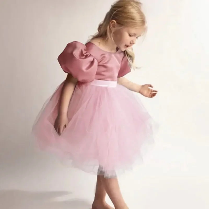 Elegant Girl Fluffy Dress Flower Baby Wedding Ceremony Costume Birthday Outfits White 1st Communion Tutu Gown Kids Gala Clothes Pink2