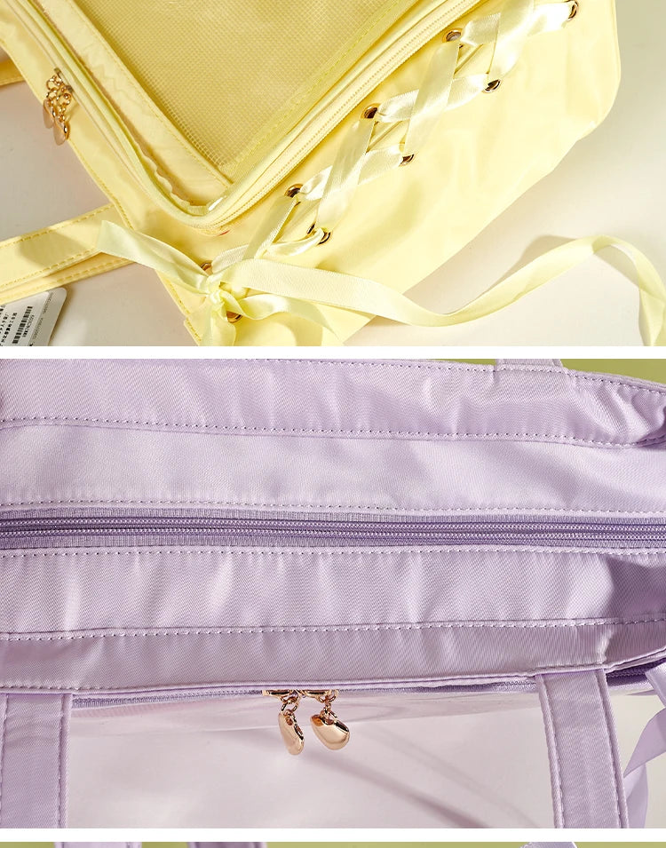 Japanese Large Capacity Satin Ribbon Ita Bag Sweet Girl Anime Transparent Tote Bag Lolita Shoulder Bags Clear Pvc Handbags