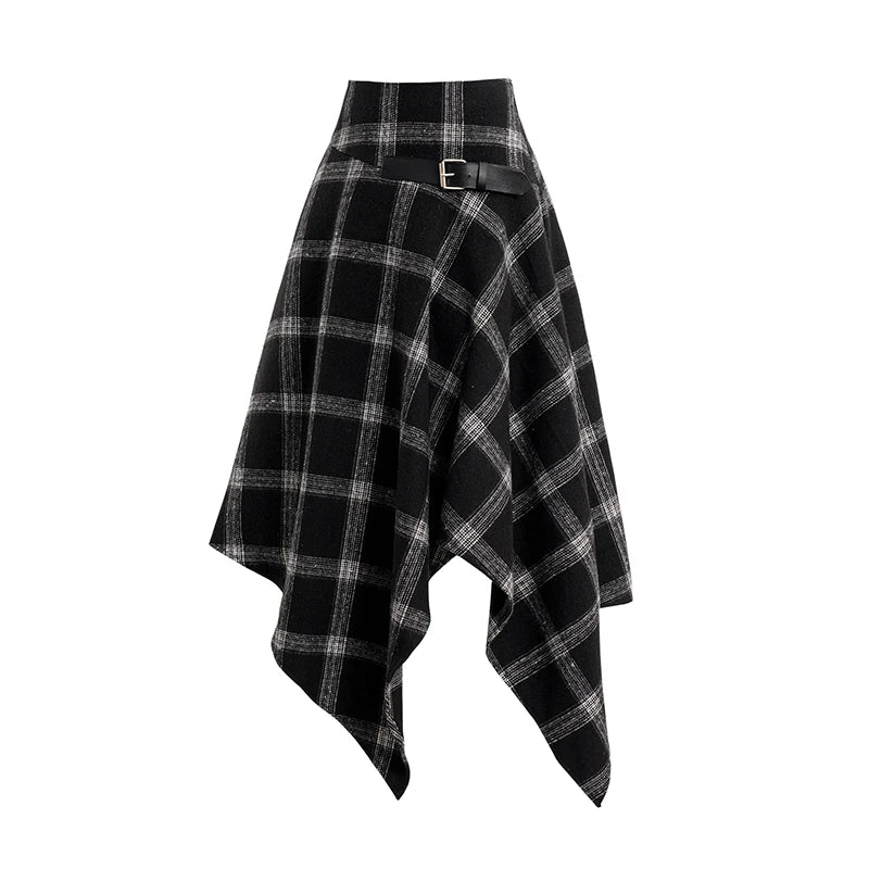 Dressfo Womens Asymmetic Hem Plaid Skirt Buckle Strap Detail Casual Midi A Line Dress Black Skirts 2024 New black