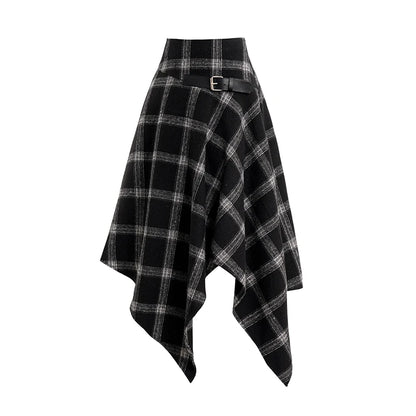 Dressfo Womens Asymmetic Hem Plaid Skirt Buckle Strap Detail Casual Midi A Line Dress Black Skirts 2024 New black