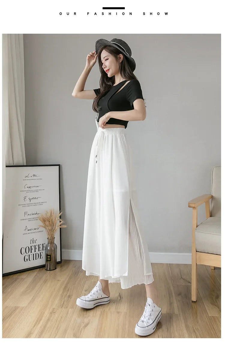 Women Pants Culottes Elastic Wide Leg Irregular Hem Double Layers Korean Trousers Summer Casual Loose Pleated Pants