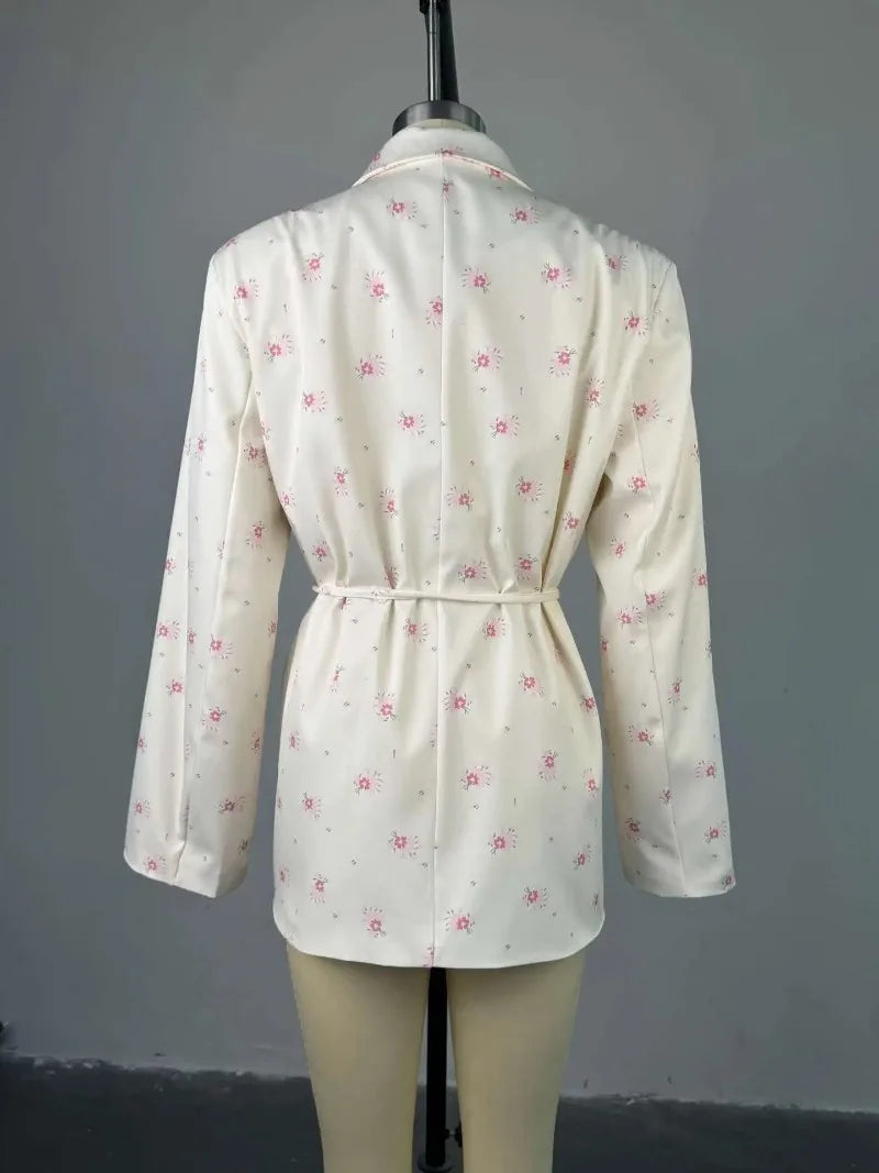 Women's Flower Printed Loose Suit 2025 Spring/Summer New Fashion Collar Belted Waist - Cinching Suit Jacket