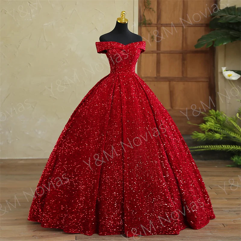 Y&M Novias Custom Plus Size Luxury Sequins Bow Off Shoulder Dark Red Quinceanera Dresses 15 Ball Gown For Party Vestido De Noiva Badiee Stylez