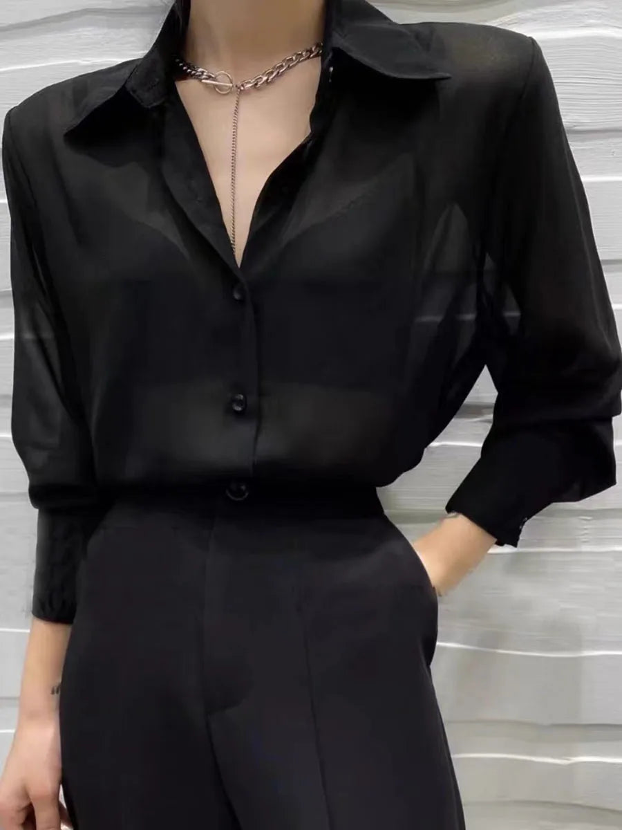 Sun-proof Transparent Shirt Female Mesh Long Sleeve Top Solid Color Summer Loose Chiffon Blouse Korean Fashion Cardigan Ladies