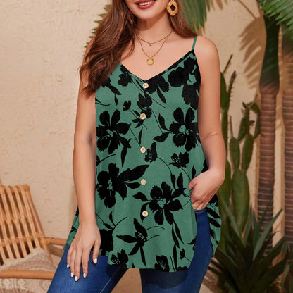 Plus size vest women's casual camisole top with adjustable shoulder straps v-neck sleeveless top fashion printed vest Dark Green