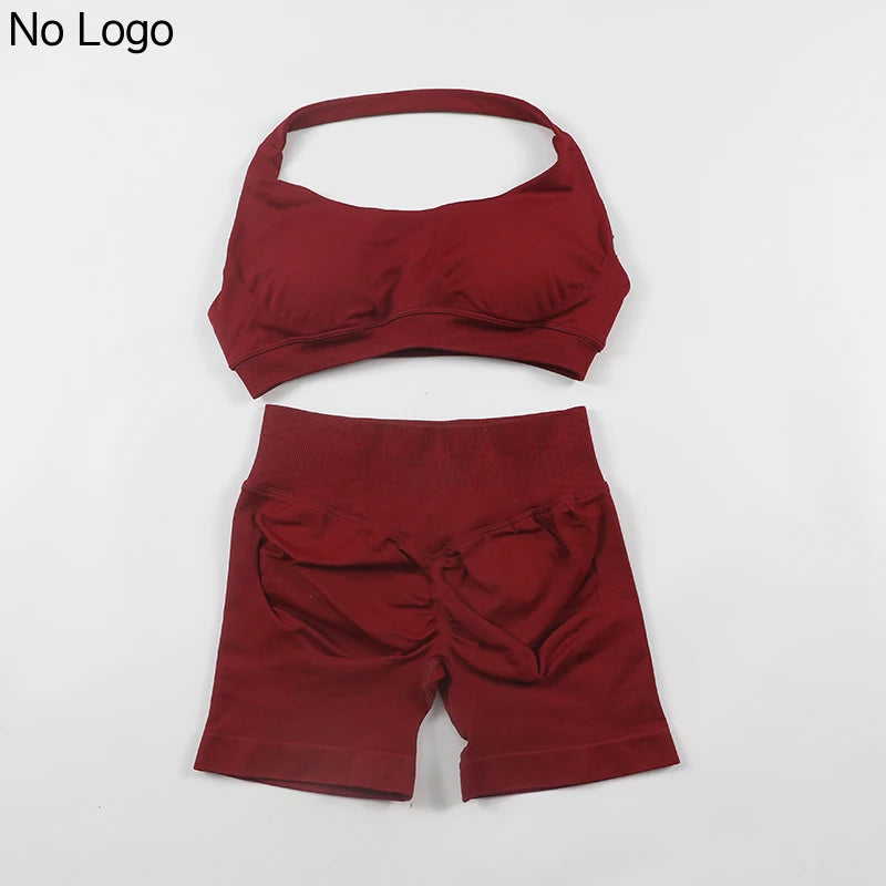 Fitness Shorts Sets Seamless Yoga Set Women 2Pcs Halter Sports Bra Scrunch Butt Gym Shorts Set Workout Clothes Summer Sportswear Badiee Stylez