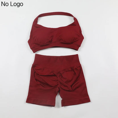 Fitness Shorts Sets Seamless Yoga Set Women 2Pcs Halter Sports Bra Scrunch Butt Gym Shorts Set Workout Clothes Summer Sportswear Badiee Stylez