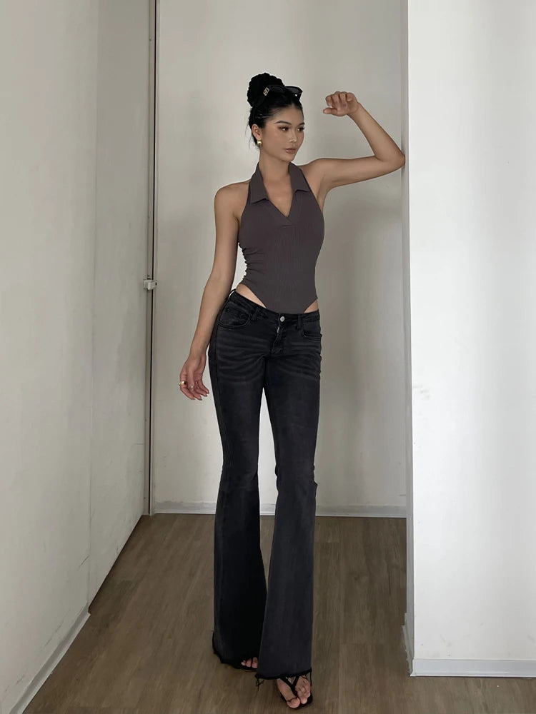 American Style Spicy Girl Sleeveless Polo Neck Solid Bodysuits Women's 2024 Summer New Sexy Backless High Waisted Slim Top Q29N