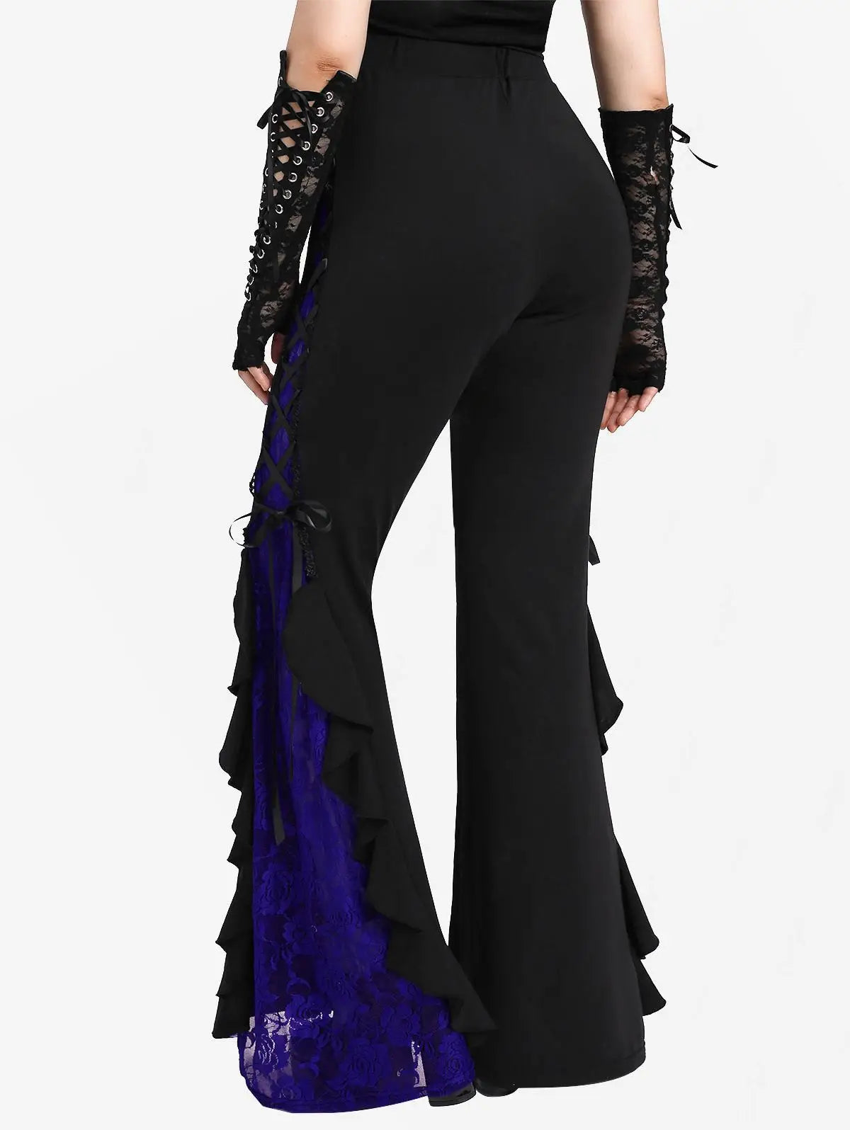 ROSEGAL Plus Size Gothic Lace Panel Lace-up Ruffle Flare Pant Women Streetwear Elastic Waist Pull On Pant Colorblock Bell Bottom