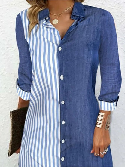 Fashion Striped Colorblock Button Dresses Women's Shirts Casual Turn-Down Collar Long Sleeve Dress Spring Summer Women Clothes