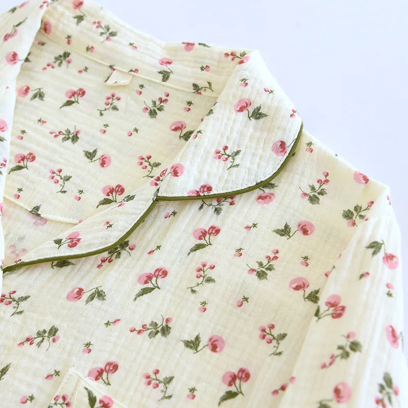 2025 Spring and Autumn Women's Pajama Set 100% Cotton Crepe Long sleeved Pants Two piece Cute and Sweet Home Fury Set Ladies