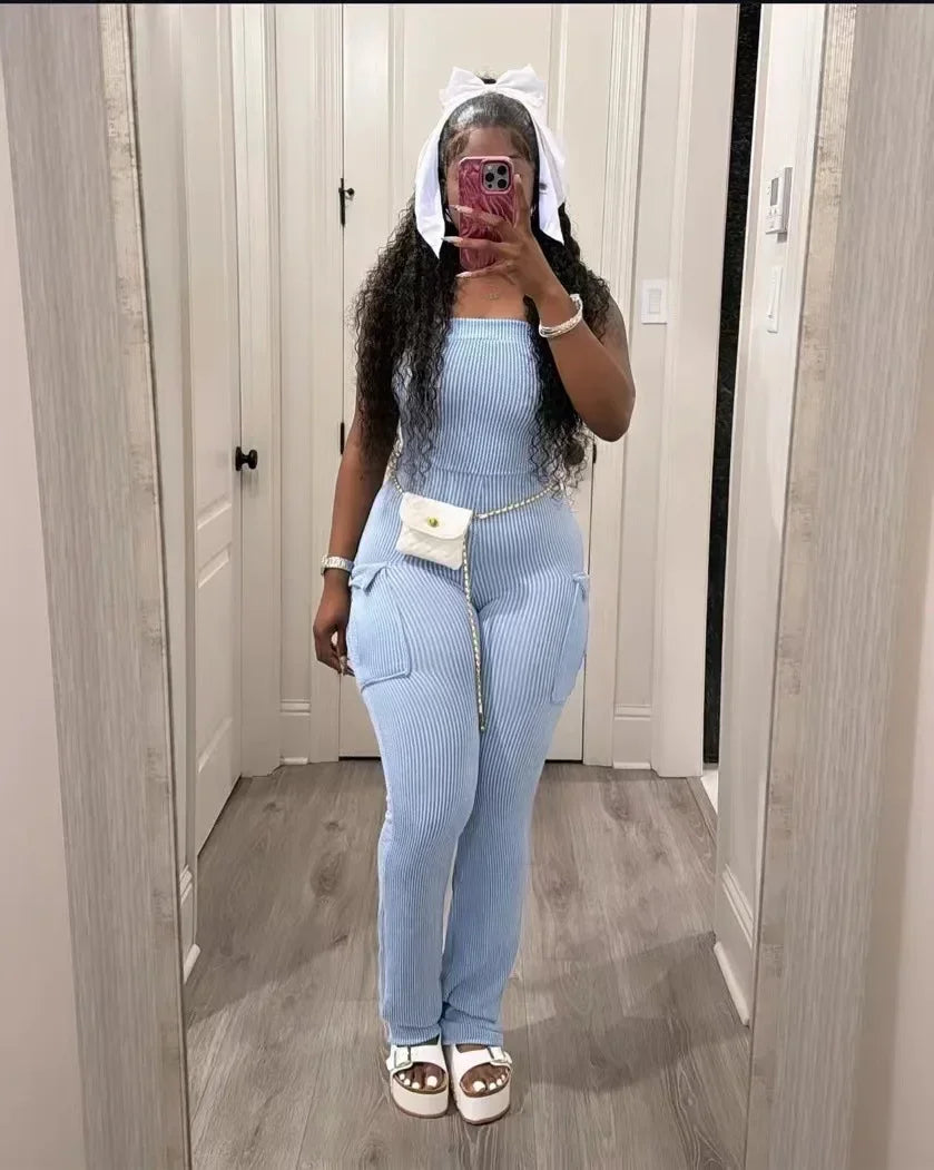 XIZOU Elegant Off Shoulder Strapless Knitted Pockets Girl Jumpsuits Women's Fitted Overalls Outfits Night One Piece Rompers