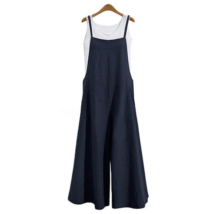 Women Straps Jumpsuit Summer Solid Color Wide Leg Pants Dungaree Bib Overalls Casual Loose Sleeveless Cotton Linen Jumpsuits 5Xl Badiee Stylez