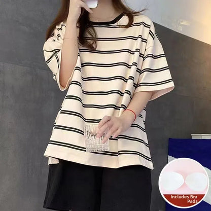 Women's Summer Spwear ort Sve Thin Striped Home Clothes Two-Piece Set with Chest Pad Milk Silk round Ne Pullover