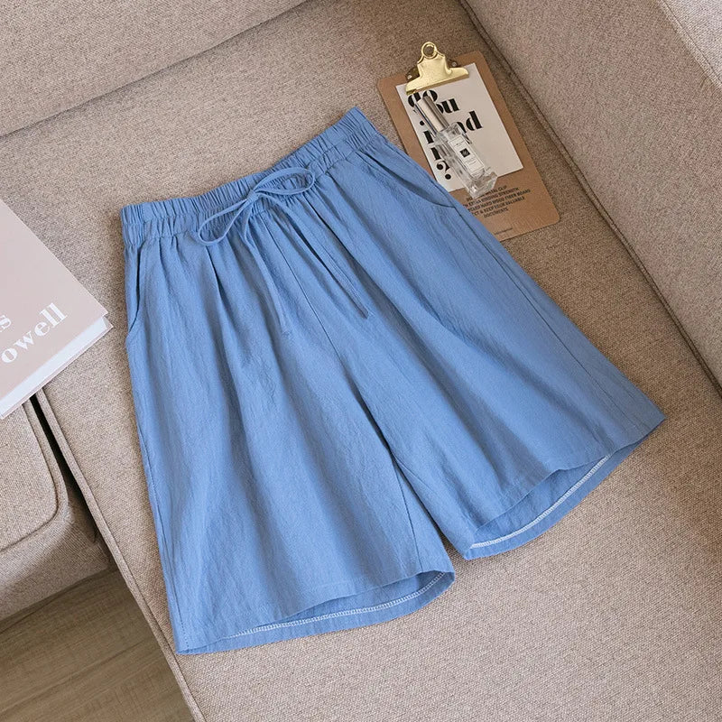 2024 Women Cotton Shorts,Summer Casual Solid Two Pockets shorts high waist loose shorts for girls Soft Cool female shorts Blue