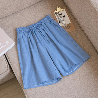 2024 Women Cotton Shorts,Summer Casual Solid Two Pockets shorts high waist loose shorts for girls Soft Cool female shorts Blue