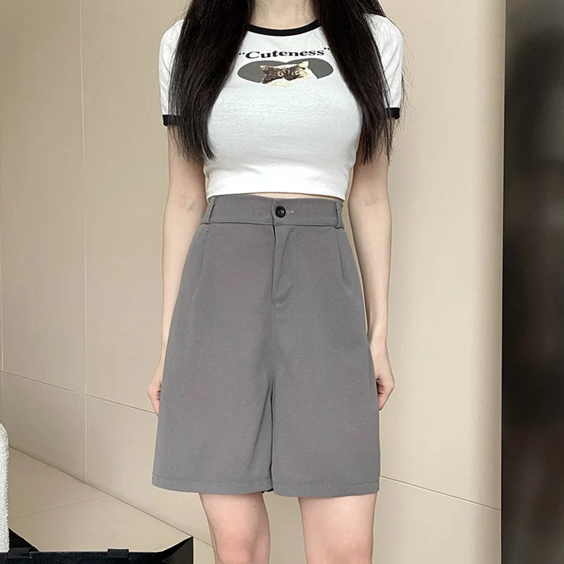 Summer Women Comfortable Commute Short Pants Lady Loose High Street Suit Pants Female Daily Soft High Waisted Wide Leg Shorts Gray