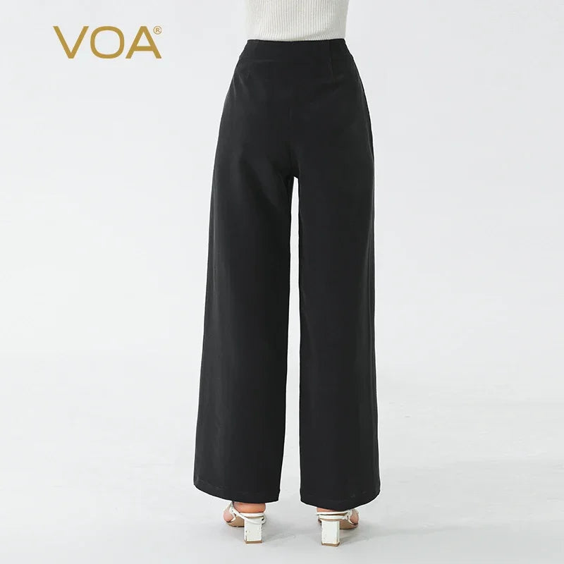 VOA Black 45 Momme Heavyweight Silk Natural Waist Trousers Asymmetrical Ruffle Office Ladies Straight Suit Wide Leg Pants KE797 Badiee Stylez