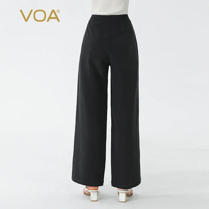 VOA Black 45 Momme Heavyweight Silk Natural Waist Trousers Asymmetrical Ruffle Office Ladies Straight Suit Wide Leg Pants KE797 Badiee Stylez