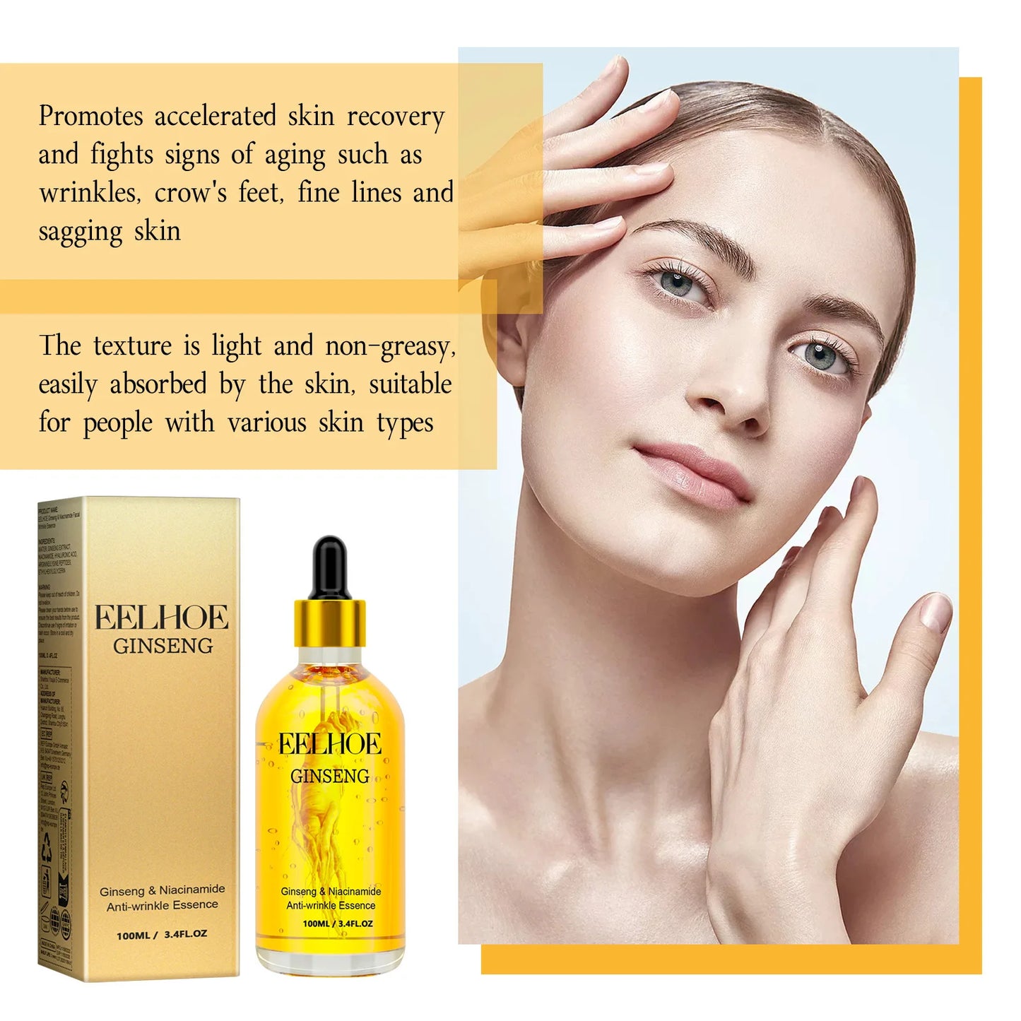 EELHOE Ginseng Essence for Skin Tightening Rejuvenate the Face Moisturing Nourishing Nicotinamide Hyaluronic Acid Facial Serum