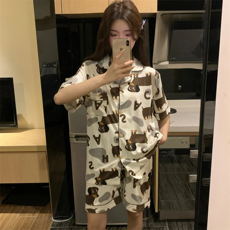 Spring Summer 2024 Cute Women's Pajamas Set Dachshund Print Cotton Two Pieces Short Sleeve Tops Full Length Pants Sleepwear 3991