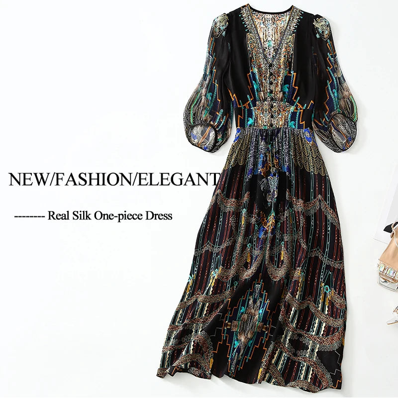 2025 Summer Bohemian Dresses For Women Elegant V-neck High Waist Women's Print Black Dress A-line 100% Real Silk Long Midi Dress Badiee Stylez