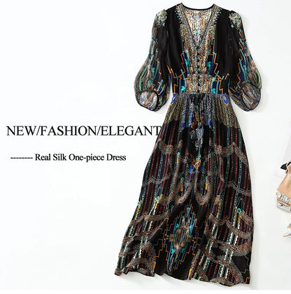 2025 Summer Bohemian Dresses For Women Elegant V-neck High Waist Women's Print Black Dress A-line 100% Real Silk Long Midi Dress Badiee Stylez