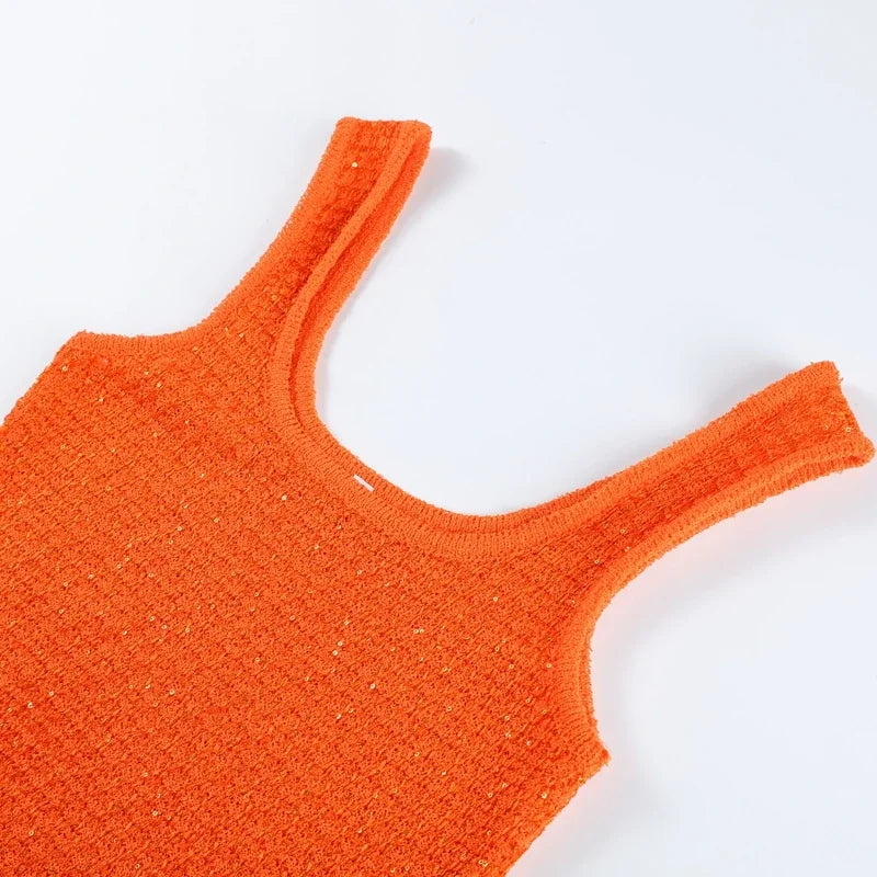 Elegant Sequined Orange Cardigans Women Y2k O-neck Short Sleeve One Button Female Tops 2025 Street Summer Lady Chic Knitwear